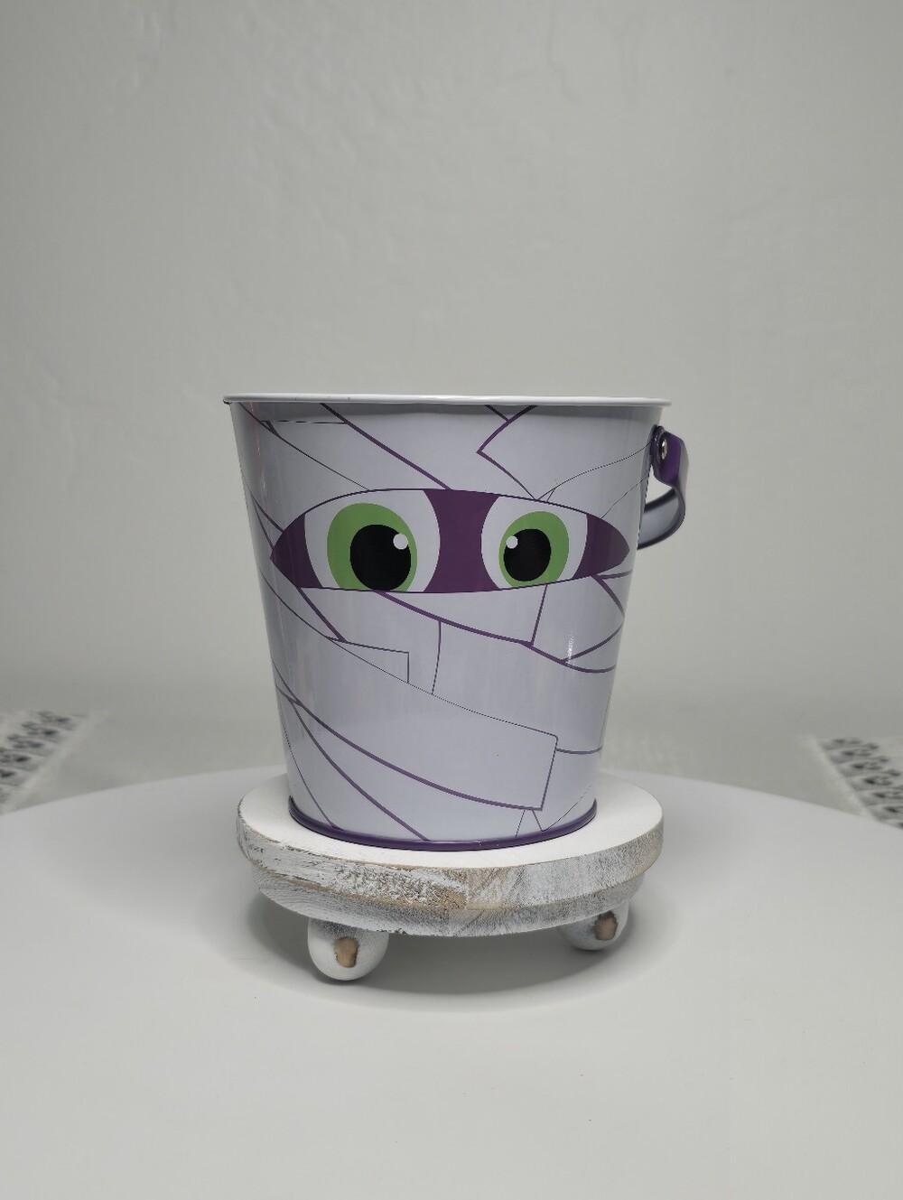 Halloween Mummy Bucket Small Metal-Like Pail Purple Handle Decor